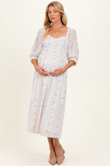 Cream Floral Smocked Maternity Midi Dress