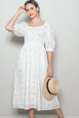Cream Floral Smocked Midi Dress