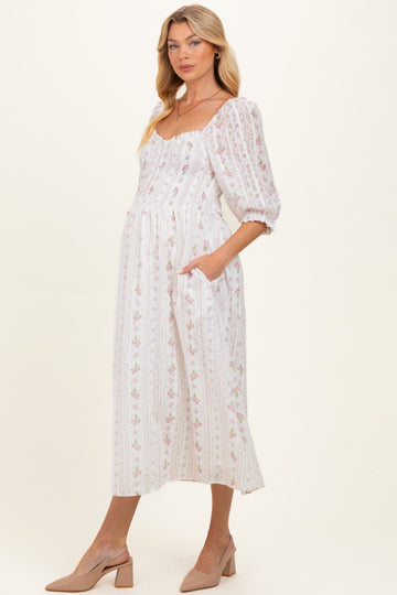 Cream Floral Smocked Maternity Midi Dress
