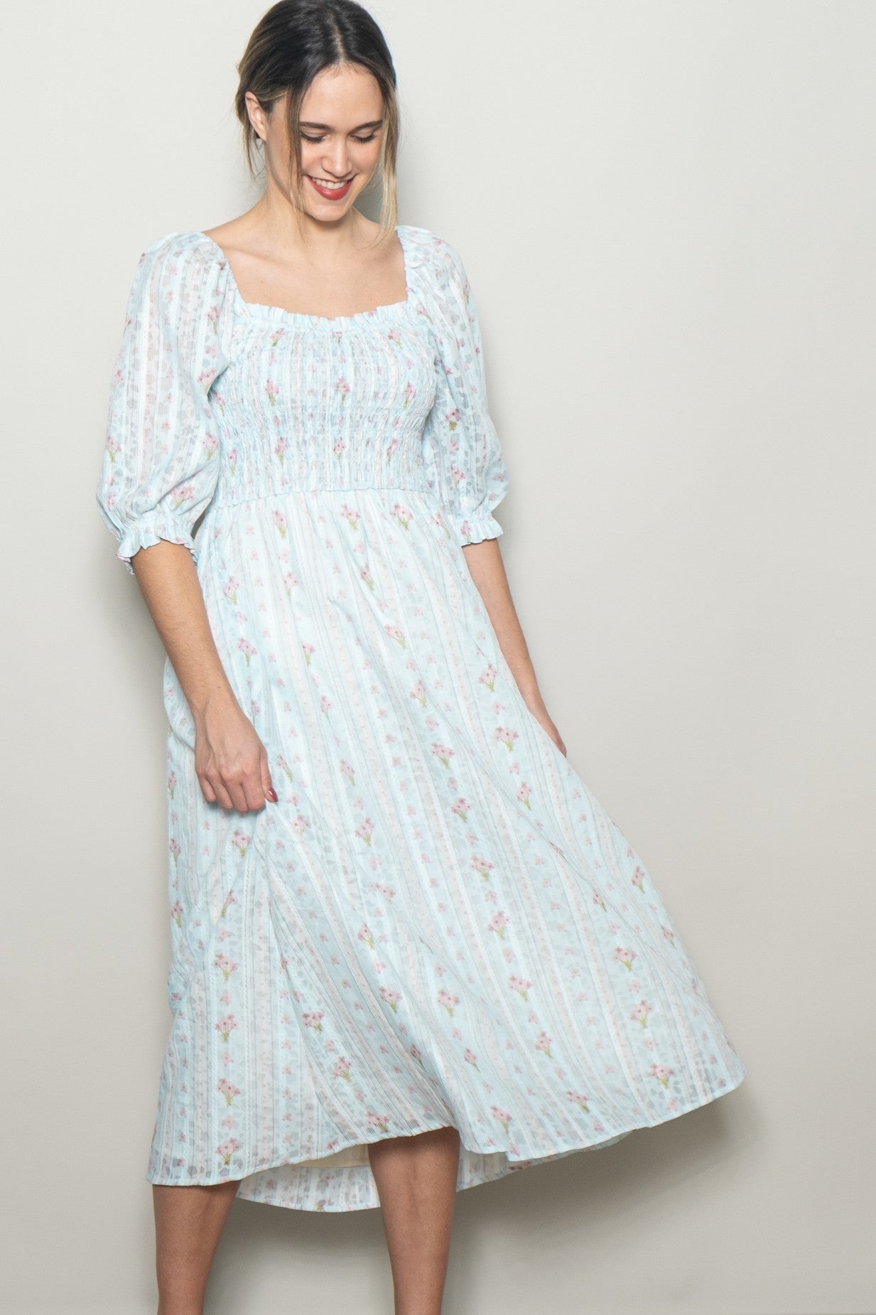 Light Blue Floral Smocked Midi Dress