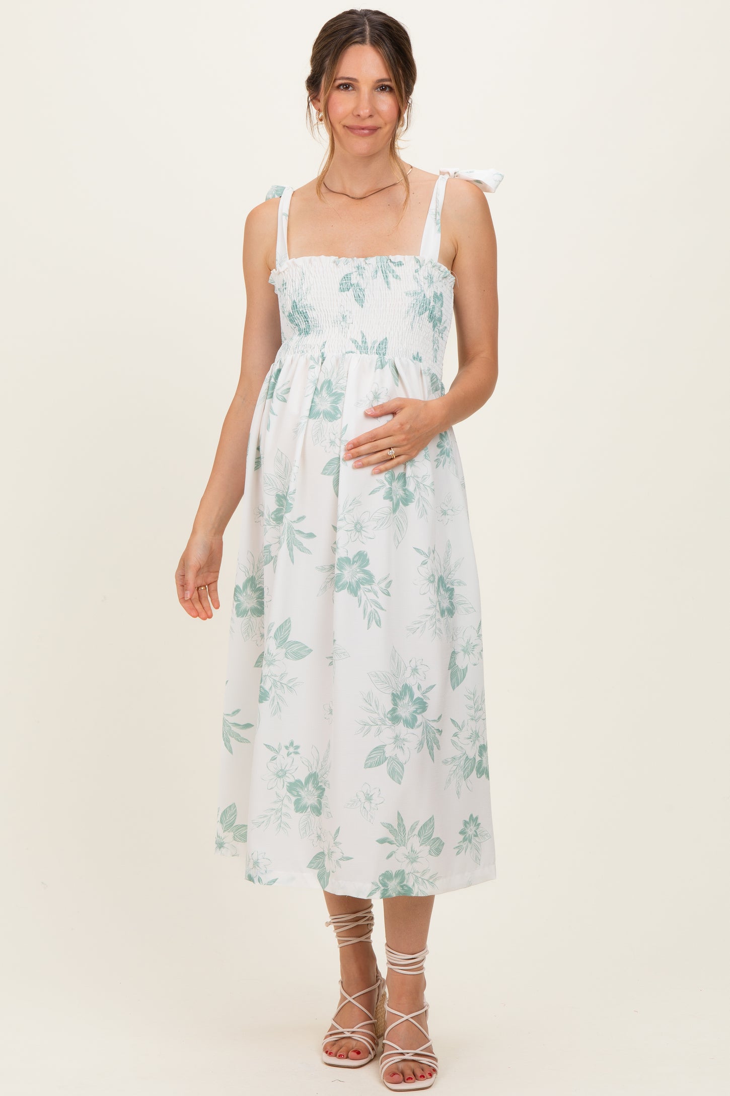 Sage Floral Smocked Maternity Midi Dress
