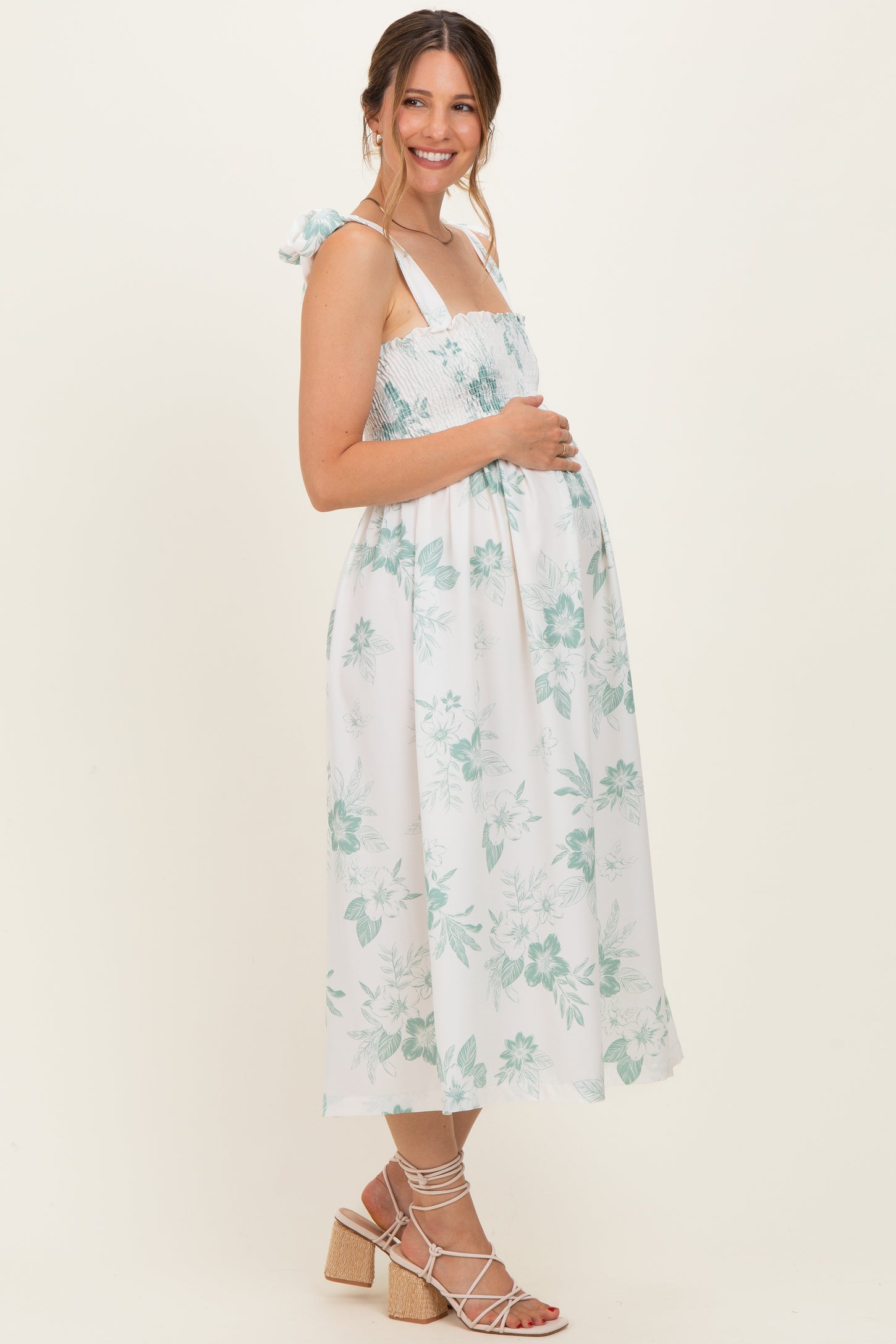Sage Floral Smocked Maternity Midi Dress