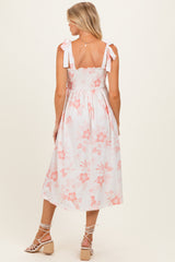 Peach Floral Smocked Maternity Midi Dress