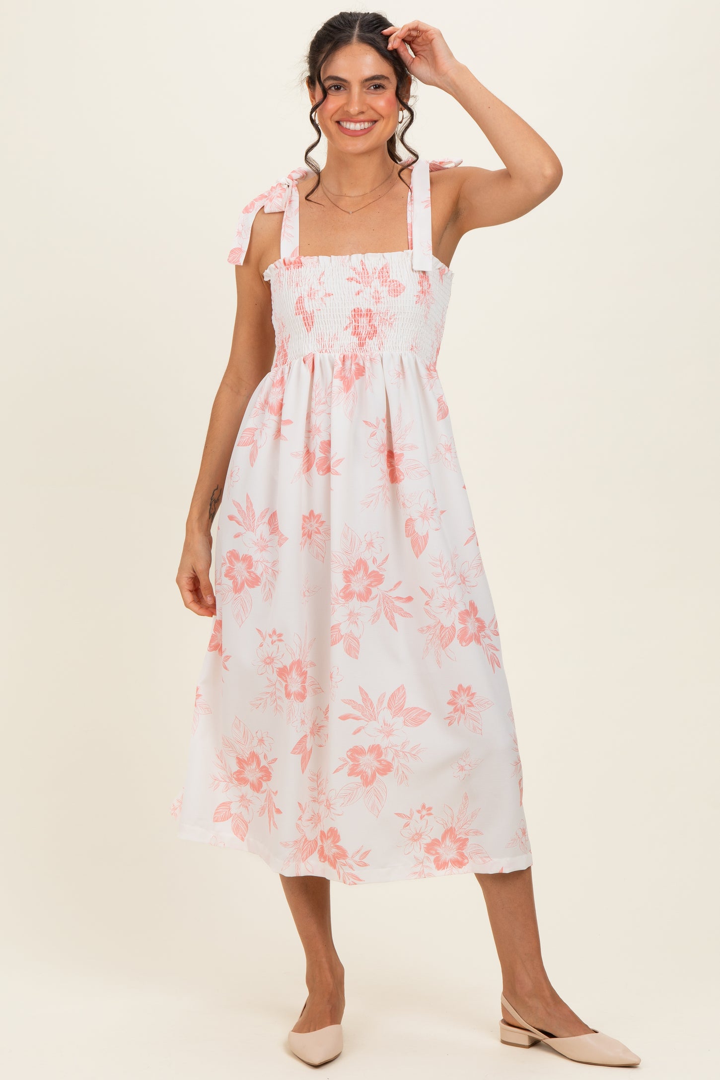 Peach Floral Smocked Midi Dress
