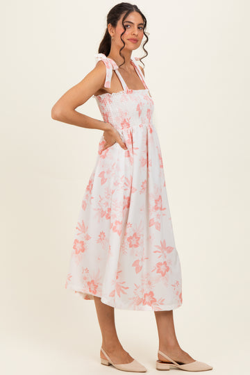 Peach Floral Smocked Midi Dress