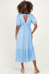Light Blue Lace V-Neck Puff Sleeve Maternity Maxi Dress