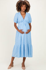 Light Blue Lace V-Neck Puff Sleeve Maternity Maxi Dress