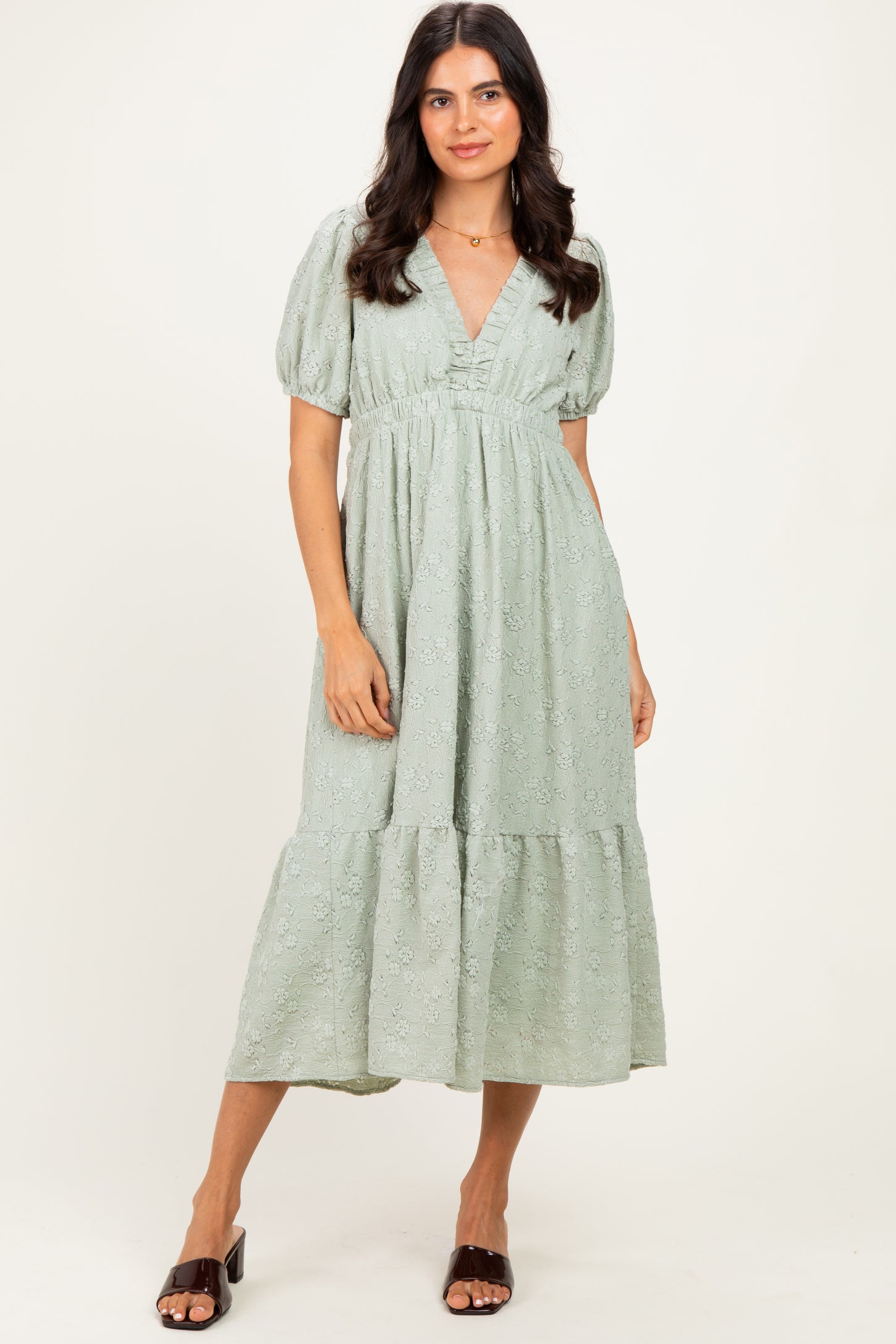 Sage Lace V-Neck Puff Sleeve Maxi Dress