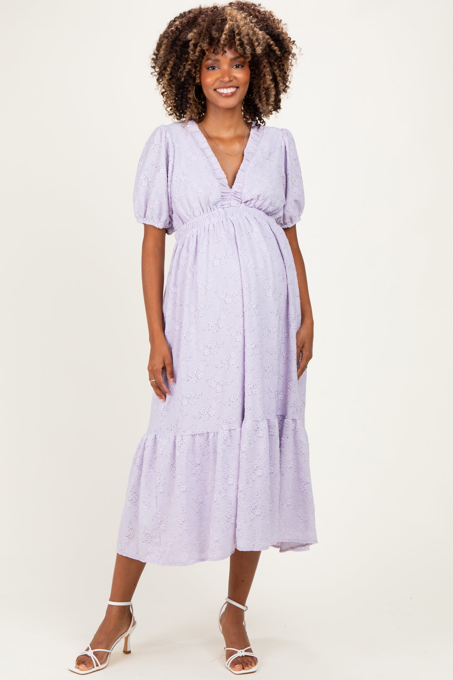 Lavender Lace V-Neck Puff Sleeve Maternity Maxi Dress