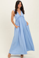 Light Blue Sleeveless Deep V-Neck Maxi Dress
