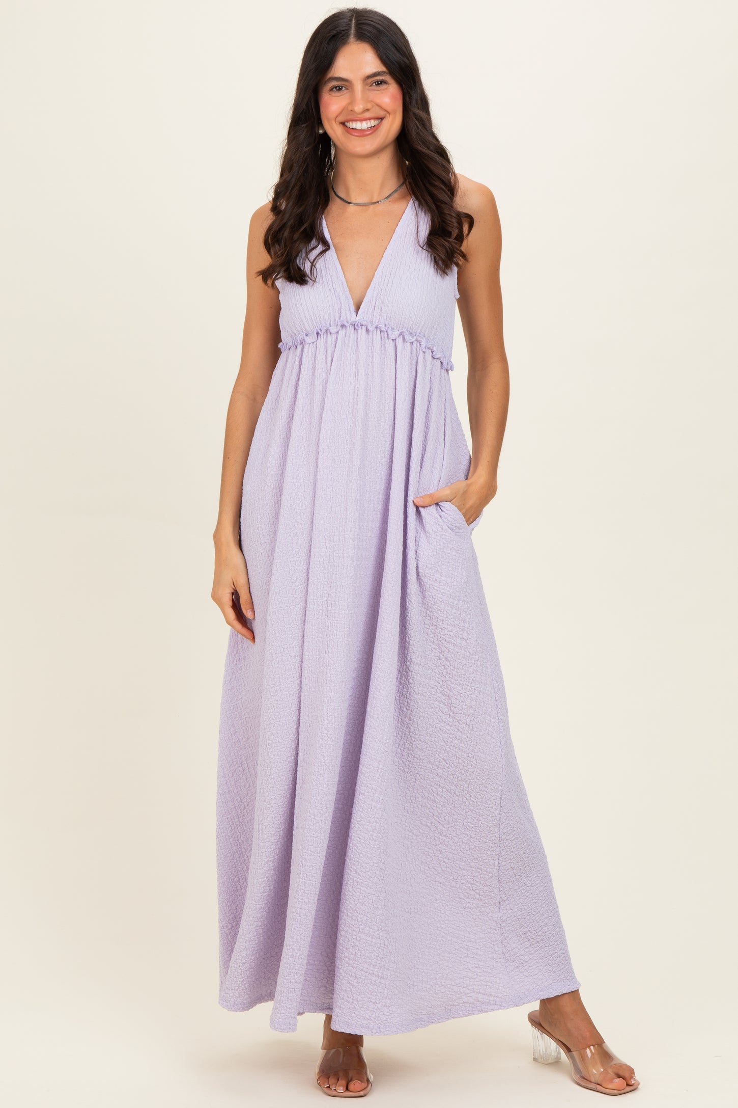 Lavender Sleeveless Deep V-Neck Maternity Maxi Dress