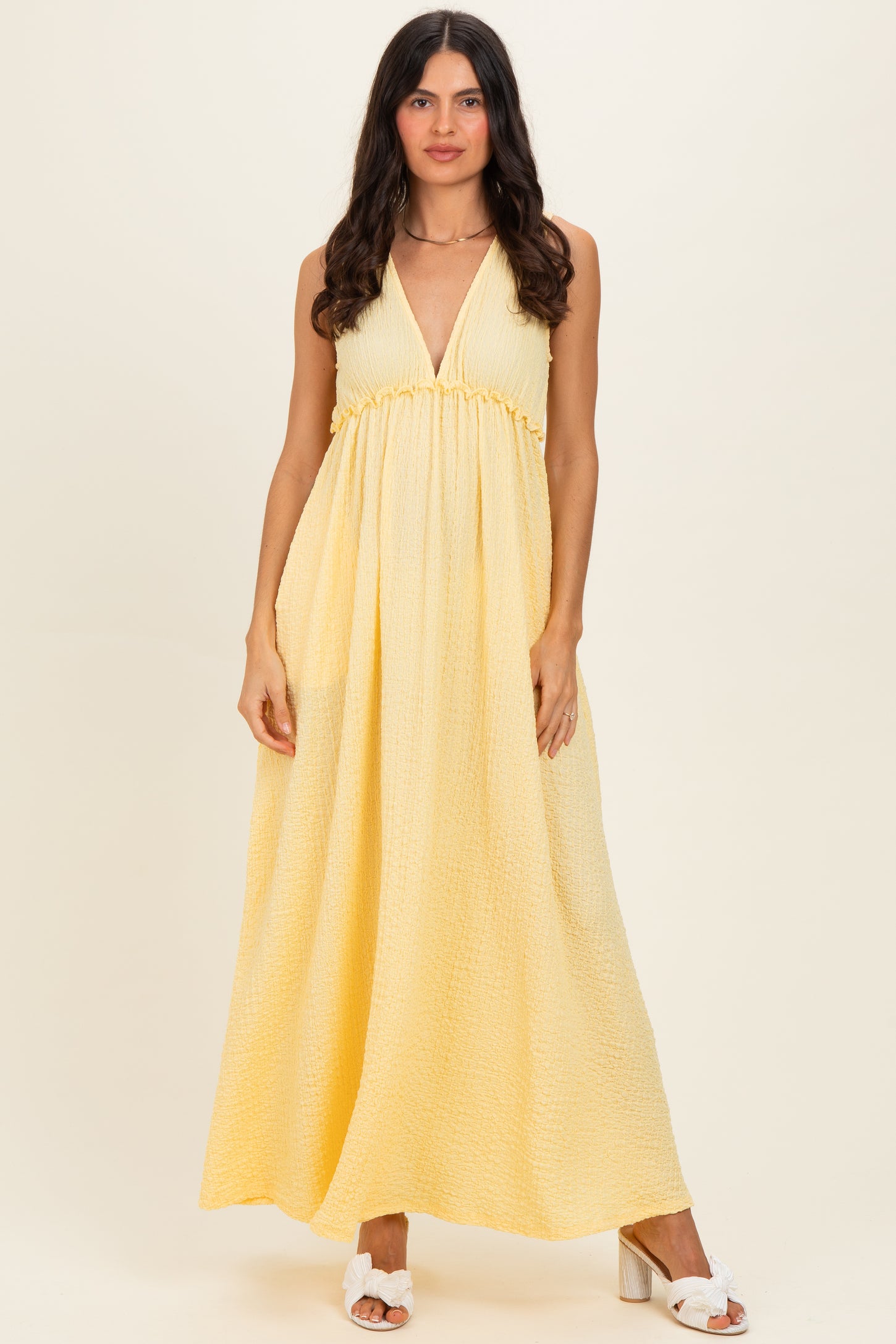 Yellow Sleeveless Deep V-Neck Maternity Maxi Dress