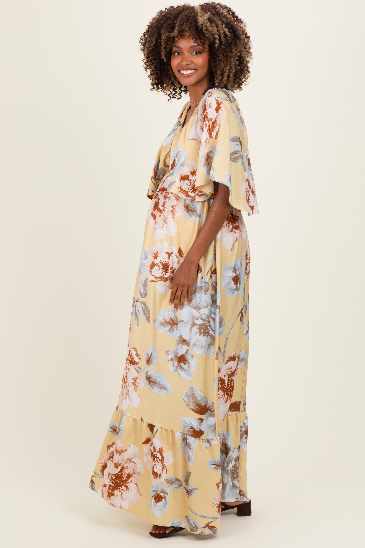 Yellow Floral V-Neck Maternity Maxi Dress