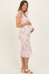 Peach Floral Shoulder Tie Fitted Maternity Midi Dress