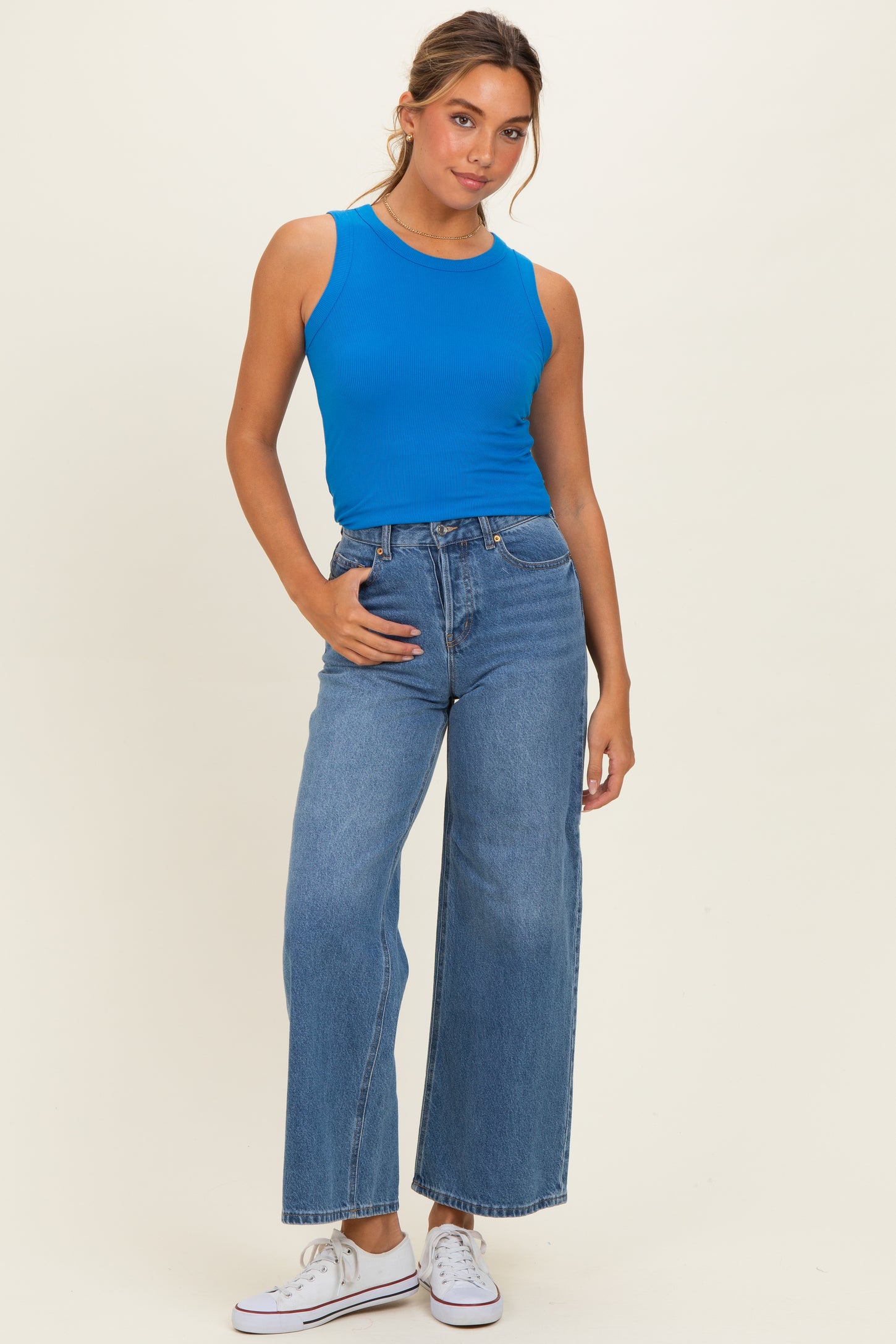 Ocean Blue Ribbed High Neck Tank Top