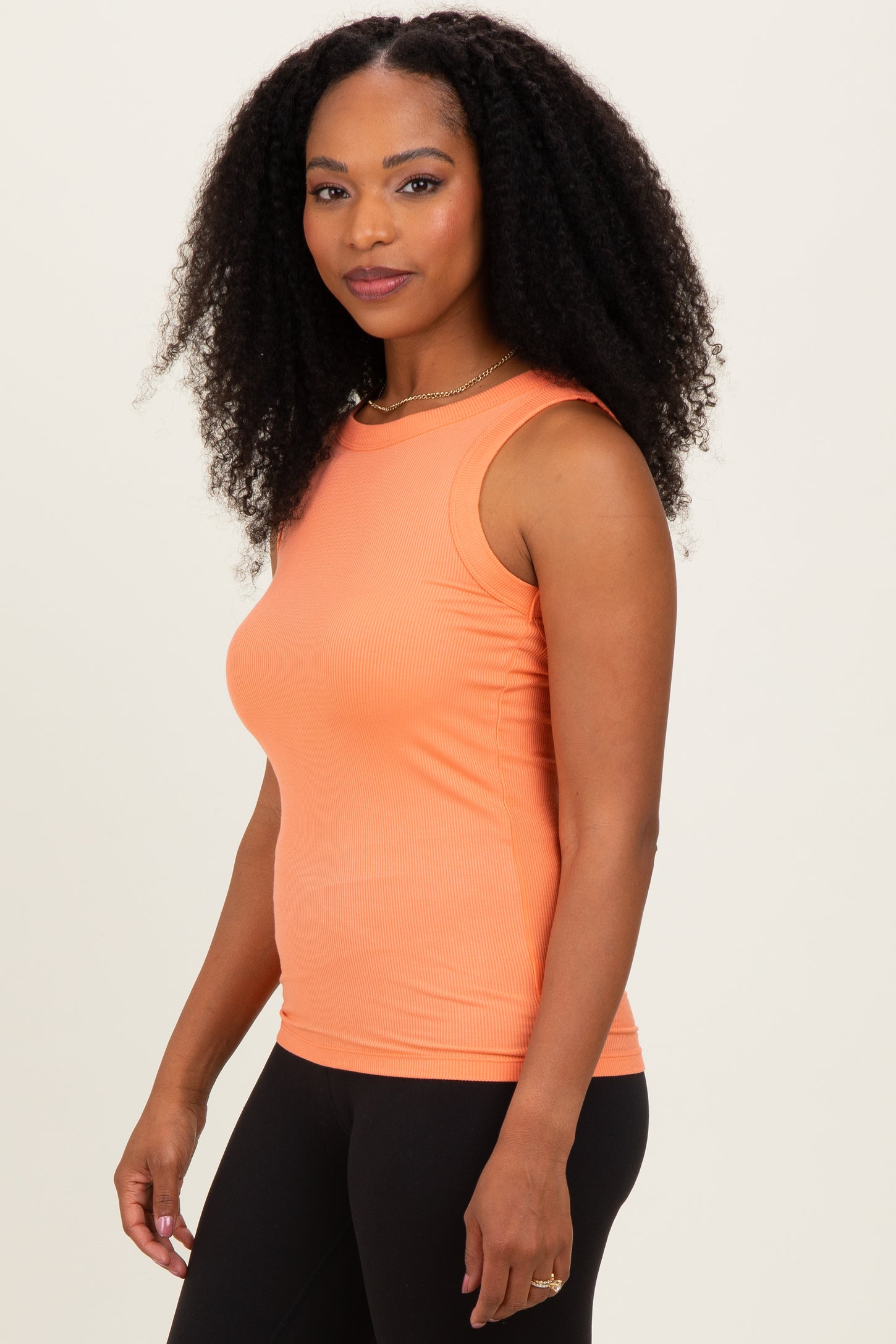 Peach Coral Ribbed High Neck Tank Top