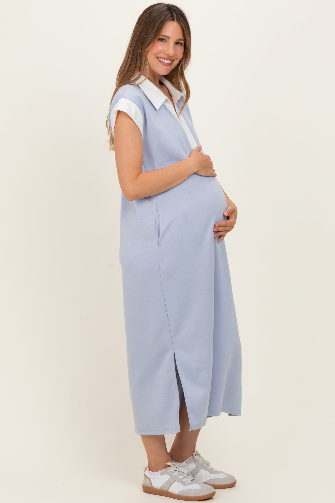 Light Blue Colorblock Polo Maternity Midi Dress