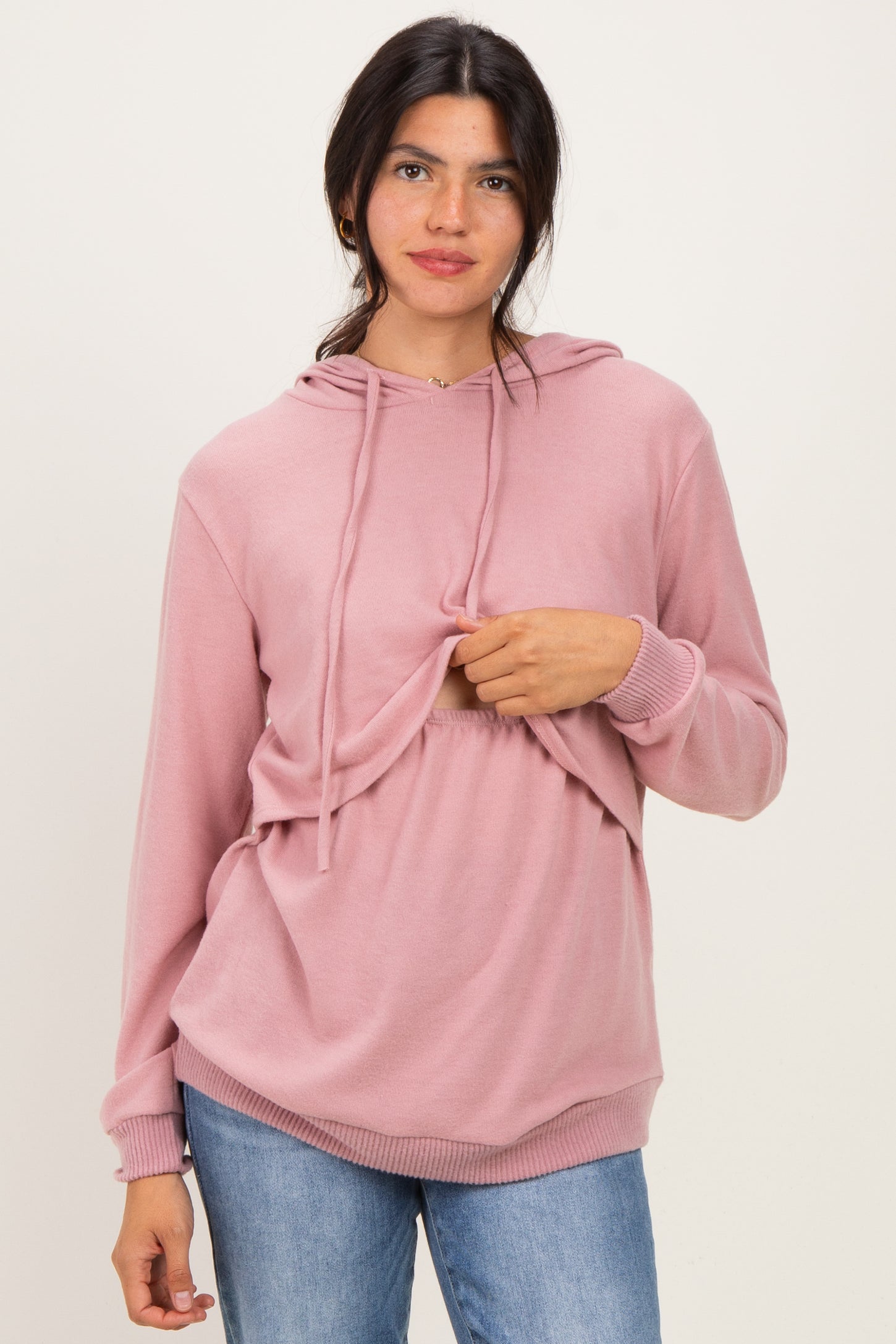 Pink Double Layer Long Sleeve Nursing Hoodie