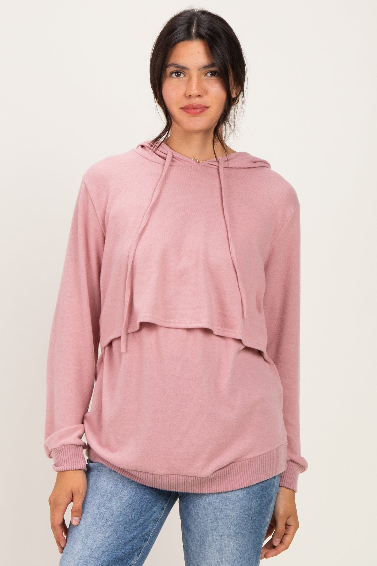 Pink Double Layer Long Sleeve Nursing Hoodie