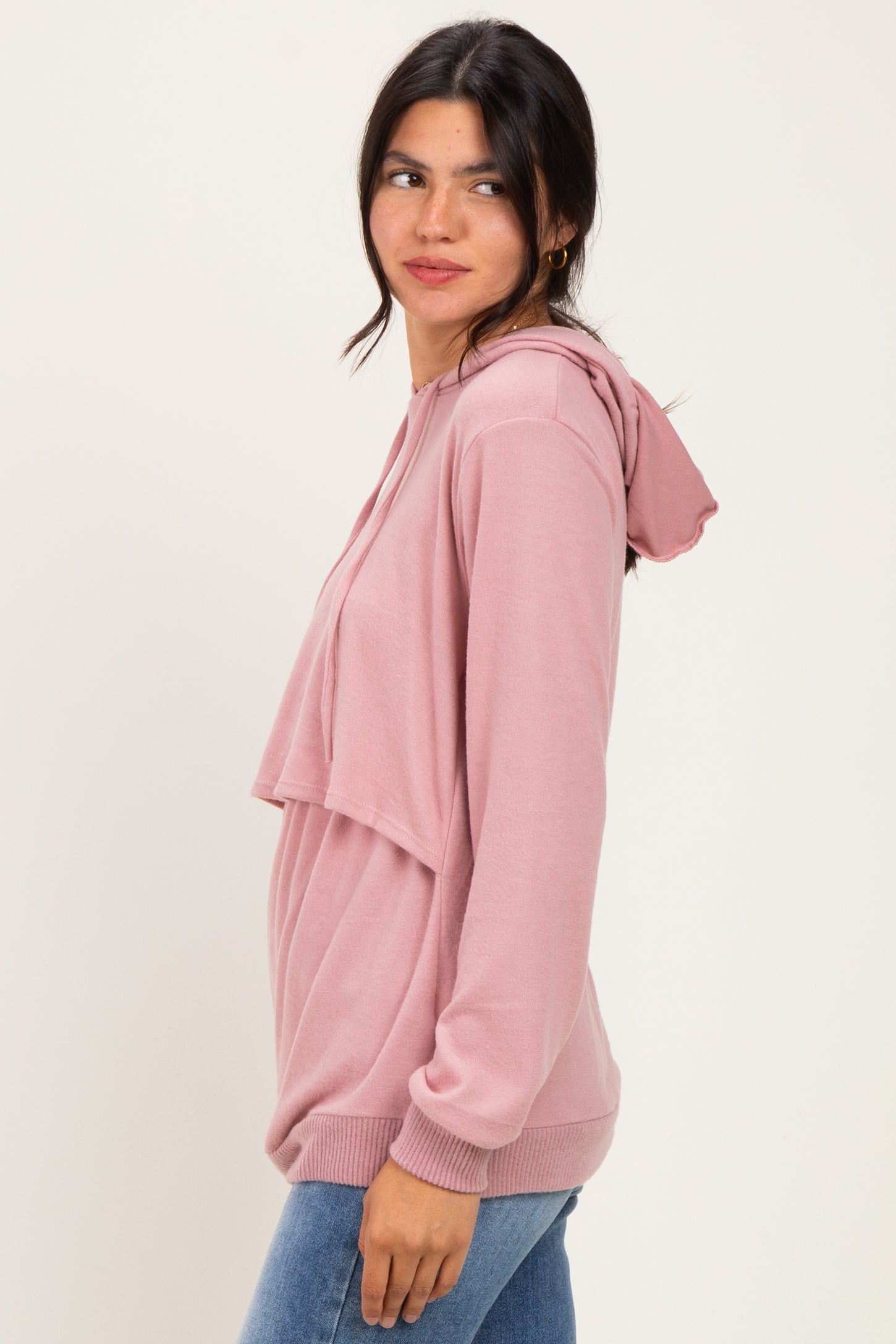 Pink Double Layer Long Sleeve Nursing Hoodie