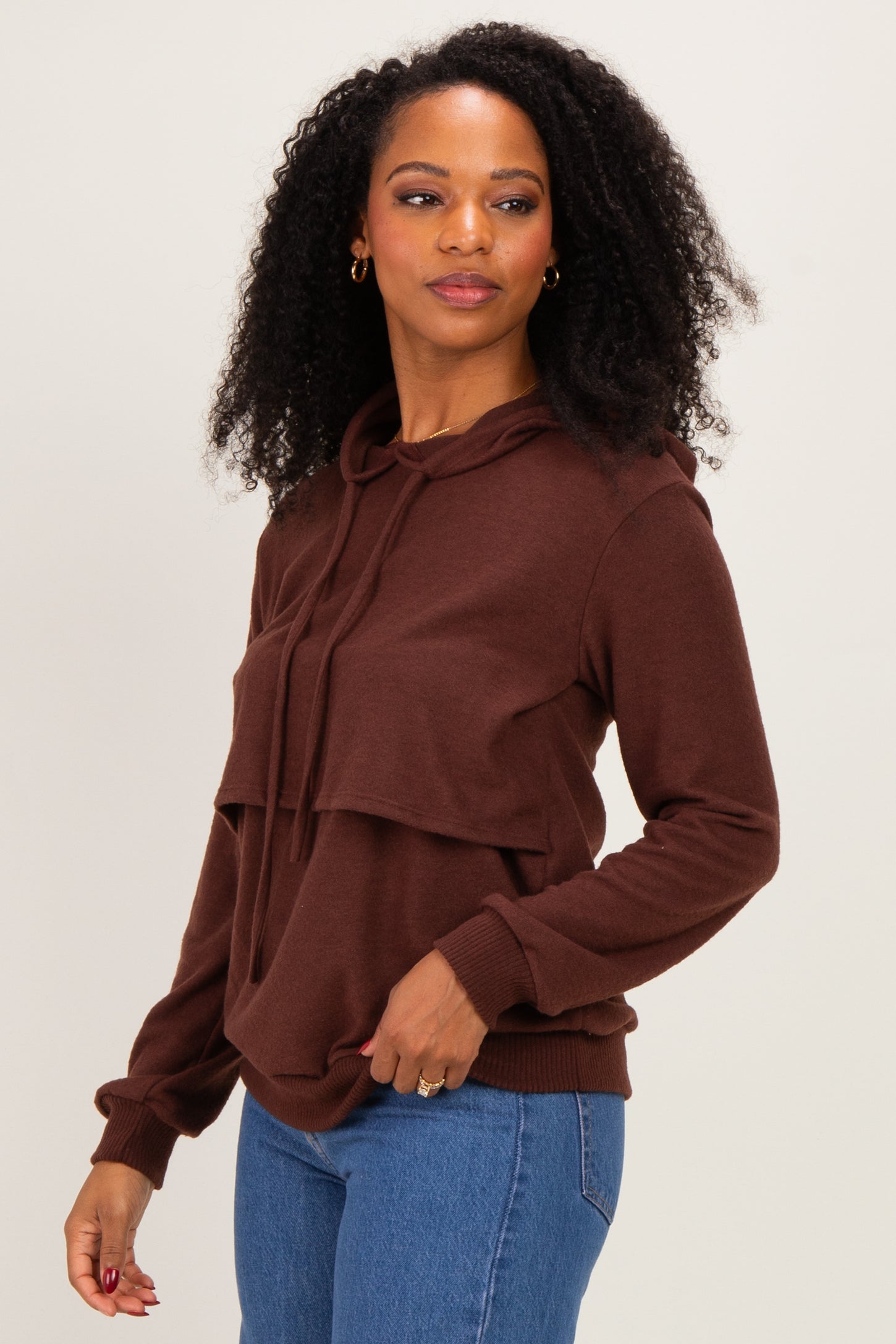 Burgundy Double Layer Long Sleeve Nursing Hoodie