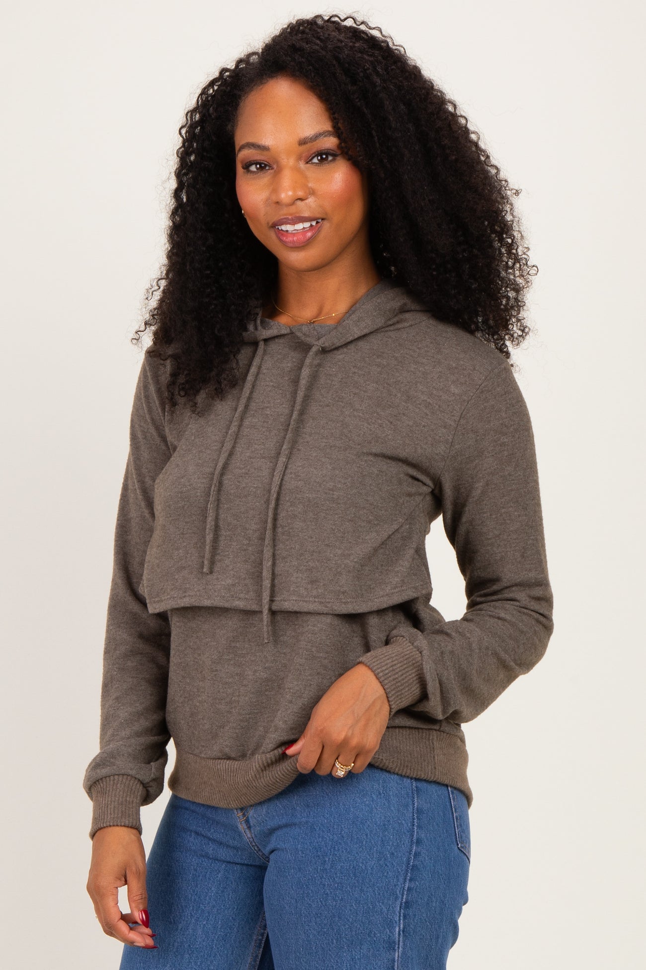 Mocha Double Layer Long Sleeve Nursing Hoodie