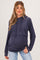 woman wearing a navy blue maternity hoodie with a cropped design and a visible baby bump