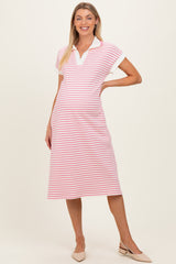 Pink Striped Polo Maternity Midi Dress