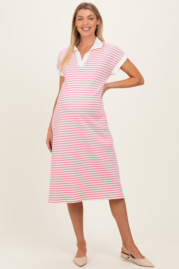 Pink Striped Polo Maternity Midi Dress