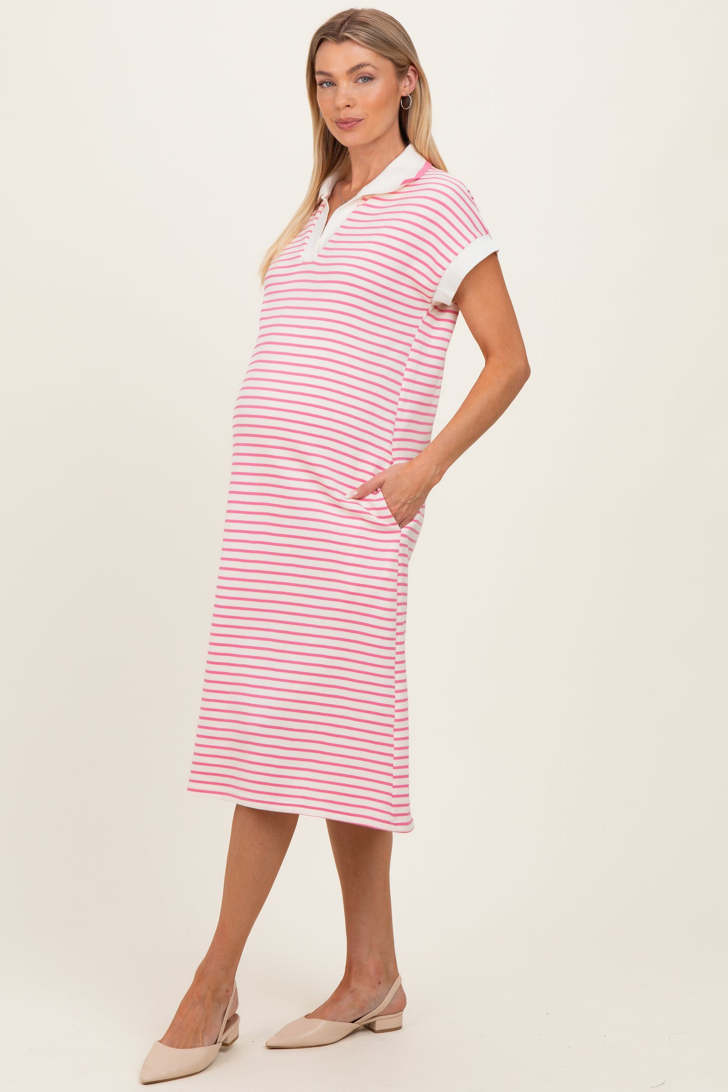 Pink Striped Polo Maternity Midi Dress