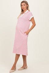 Pink Striped Polo Maternity Midi Dress