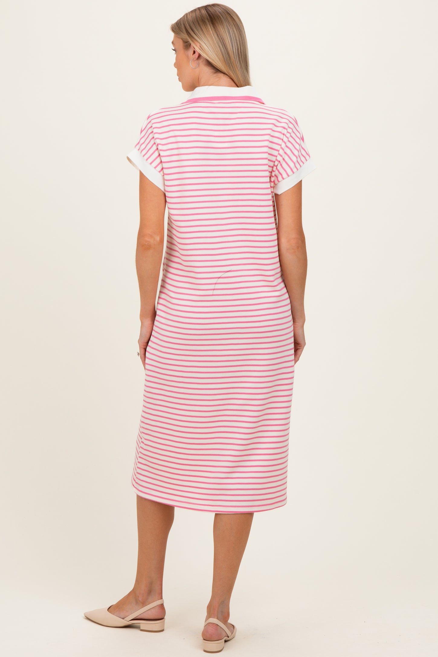 Pink Striped Polo Maternity Midi Dress