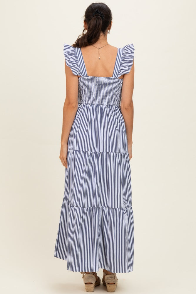 Navy Striped Ruffle Strap Smocked Maxi Dress