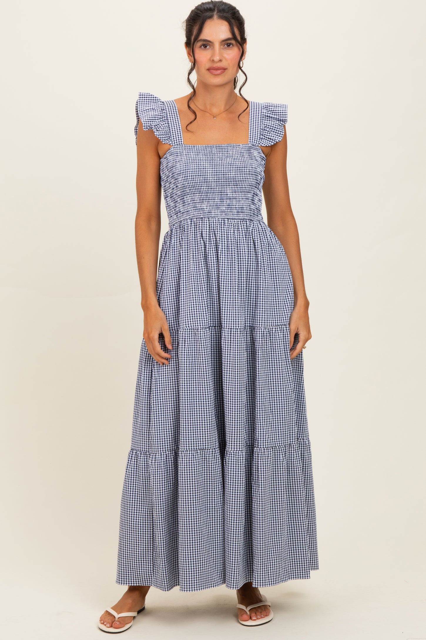 Navy Gingham Ruffle Strap Smocked Maxi Dress