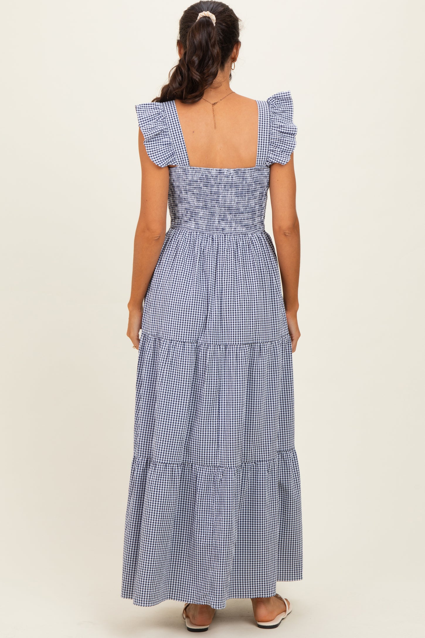 Navy Gingham Ruffle Strap Smocked Maxi Dress