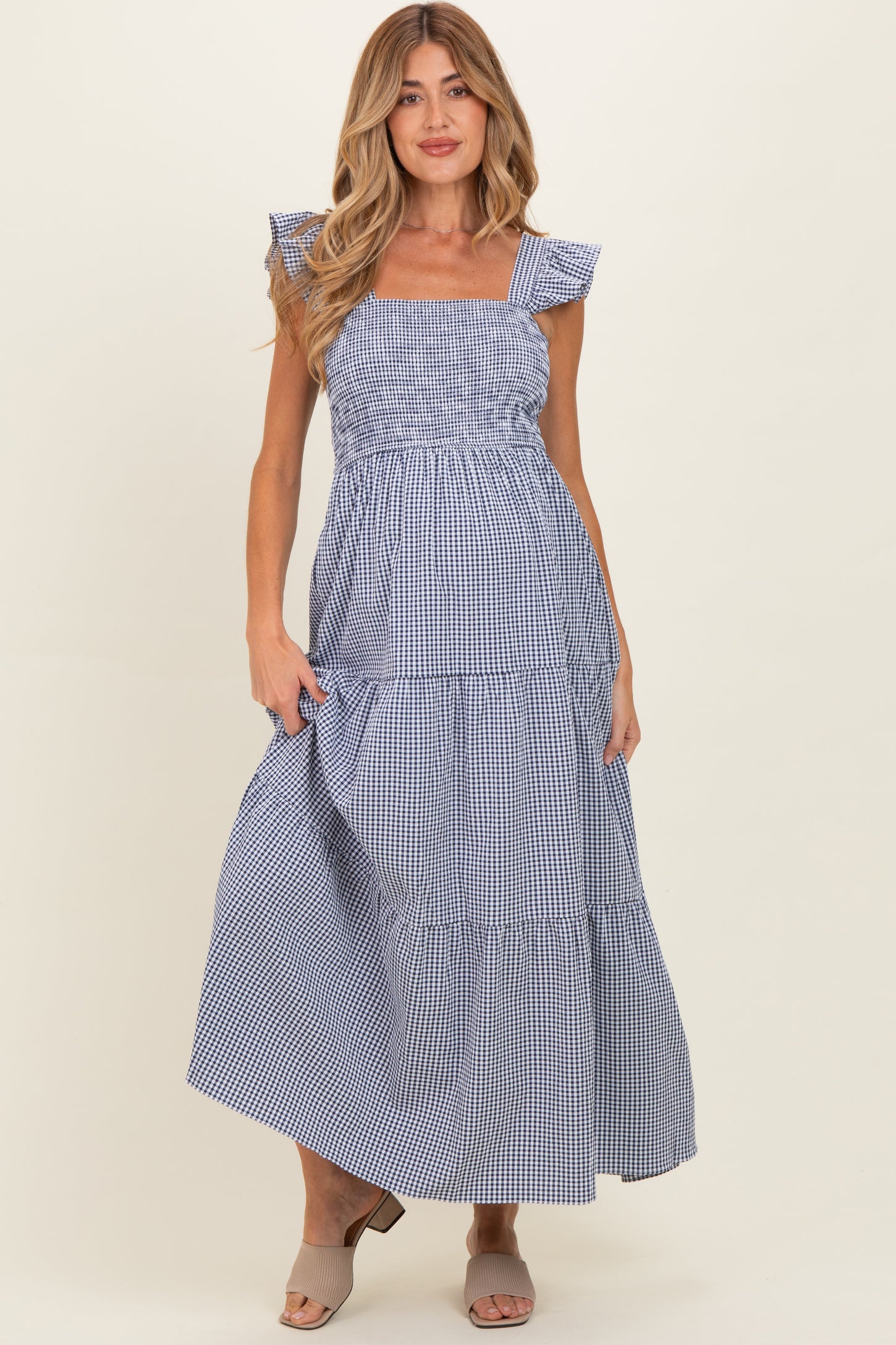 Navy Gingham Ruffle Strap Smocked Maternity Maxi Dress
