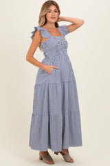 Navy Gingham Ruffle Strap Smocked Maternity Maxi Dress