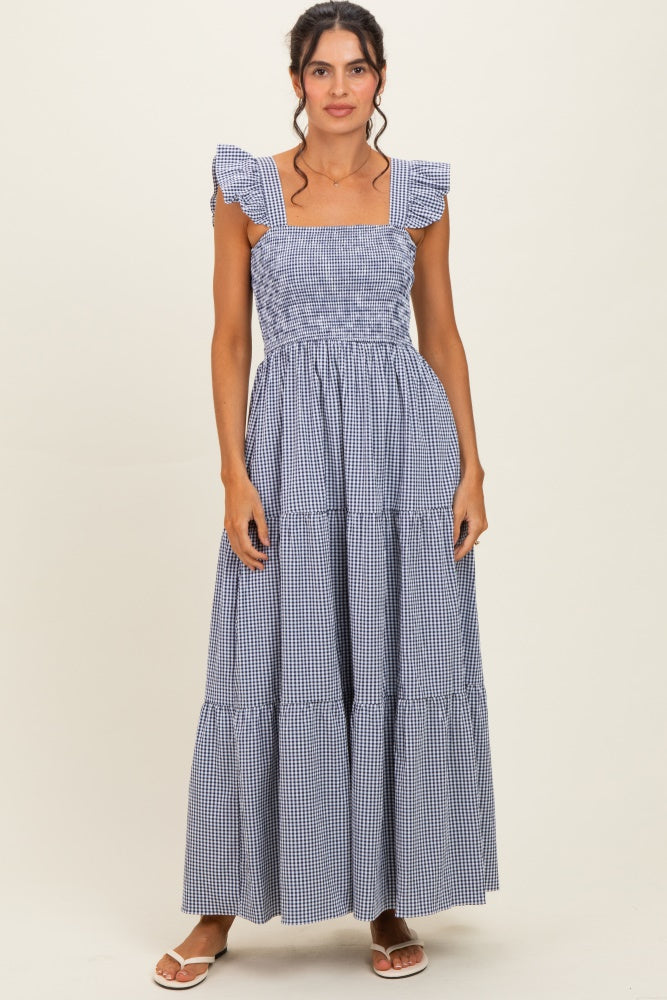 Navy Gingham Ruffle Strap Smocked Maternity Maxi Dress