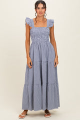 Navy Gingham Ruffle Strap Smocked Maternity Maxi Dress
