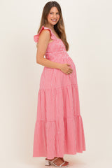 Red Gingham Ruffle Strap Smocked Maternity Maxi Dress