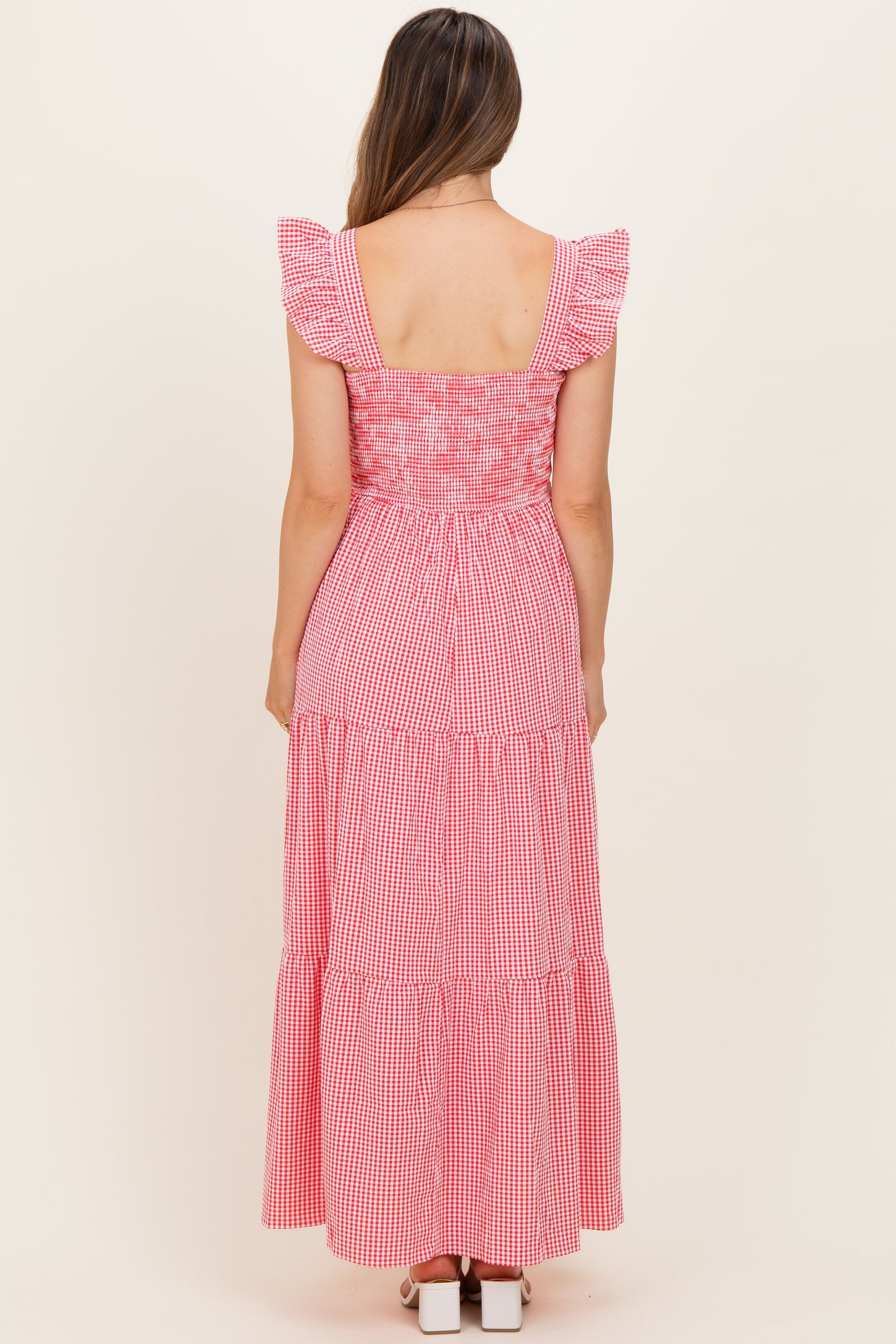 Red Gingham Ruffle Strap Smocked Maternity Maxi Dress