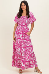 Fuchsia Printed Puff Sleeve Smocked Maxi Dress