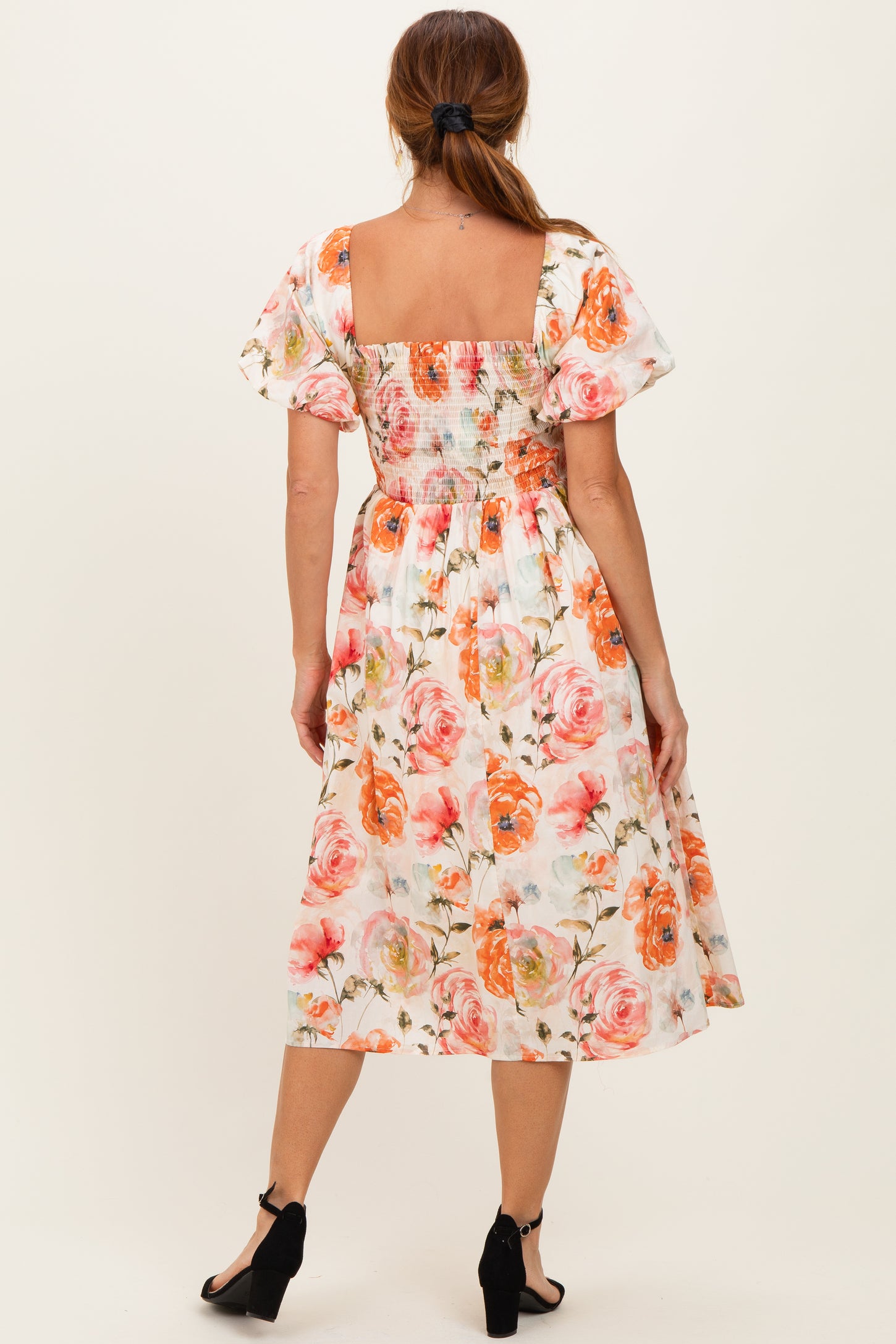 Rose Floral Smocked Puff Sleeve Midi Dress