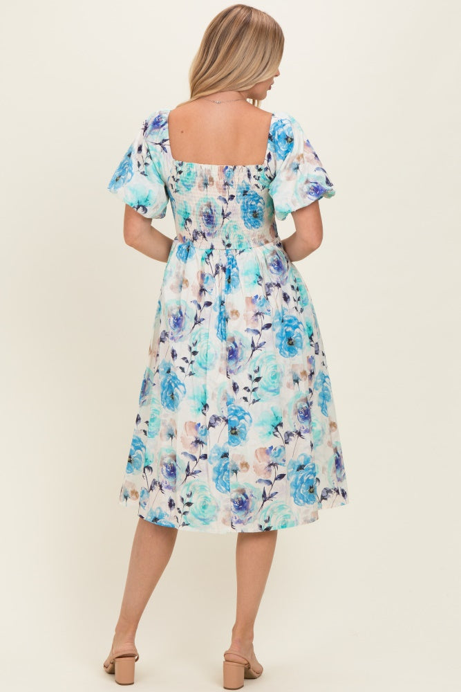 Blue Floral Smocked Puff Sleeve Midi Dress