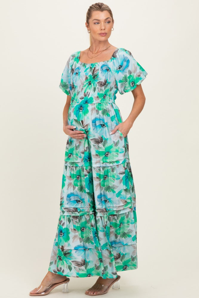 Emerald Green Floral Smocked Tiered Maternity Maxi Dress