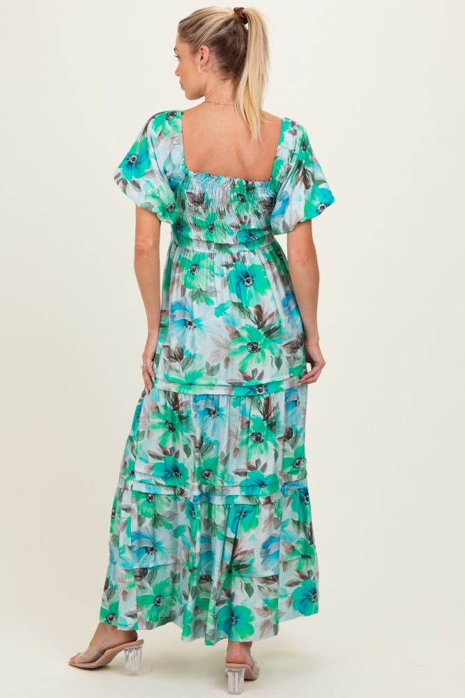 Emerald Green Floral Smocked Tiered Maternity Maxi Dress