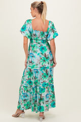 Emerald Green Floral Smocked Tiered Maternity Maxi Dress