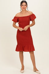 Rust Smocked Off Shoulder Ruffle Hem Dress