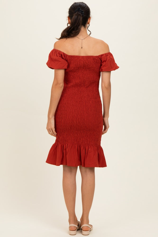 Rust Smocked Off Shoulder Ruffle Hem Dress