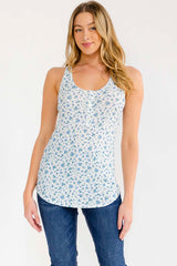 Blue Floral Print Button Front Tank Top